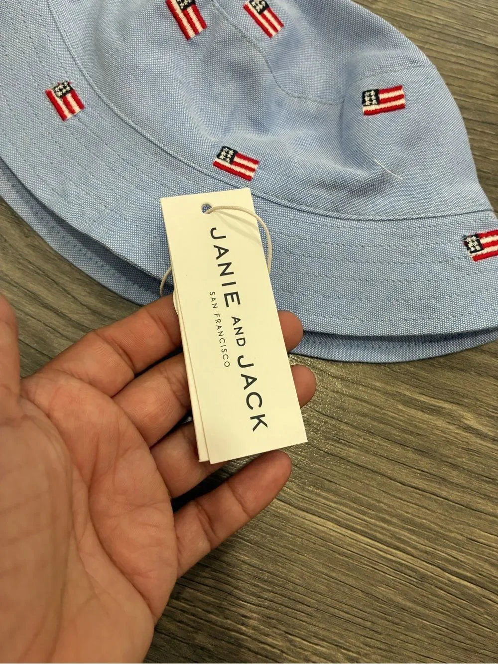 Janie and Jack Light Blue Bucket Hat with Flag Embroidery